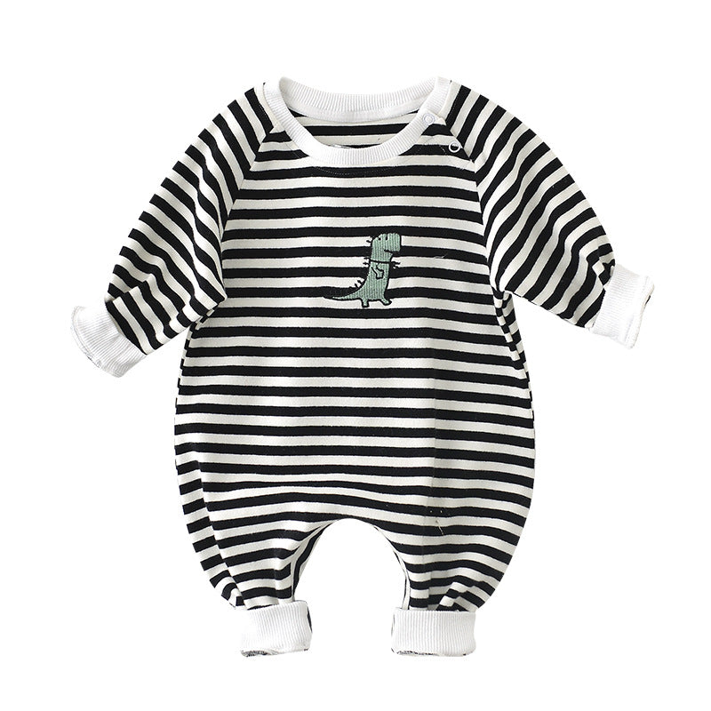 Baby Dinosaur Embroidered Striped Jumpsuit for Boys & Girls – Cartoon Long Sleeve Infant Romper, Soft Cotton Newborn Outfit, Unisex Baby Clothes