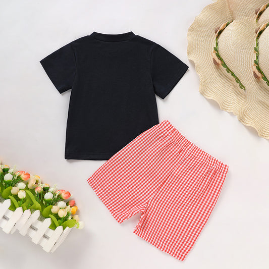 Toddler Baby Boy Back to School Outfit – Summer Applique T-Shirt & Red Gingham Shorts Set, Cute Kids 2-Piece Clothing Set
