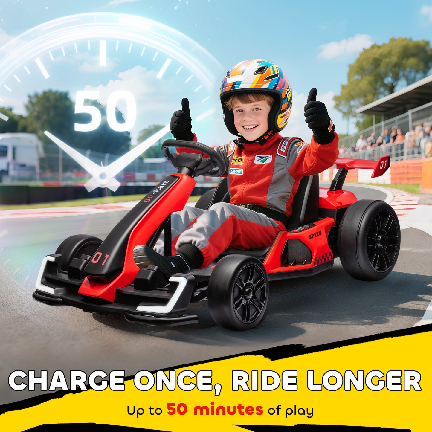24V Electric Go Kart for Kids with 7.5 MPH Speed – Adjustable Seat, Slow Start Ride-On Car, High-Power Battery Go Cart (Red)