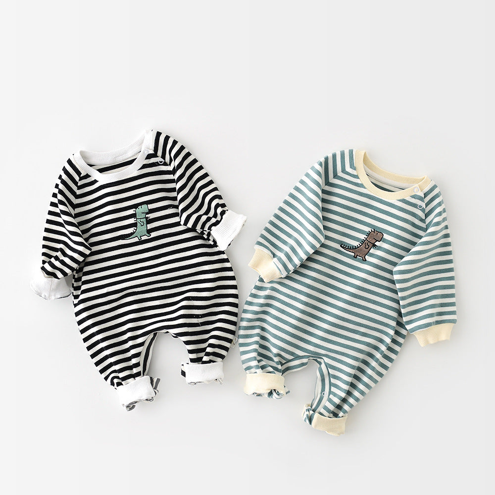Baby Dinosaur Embroidered Striped Jumpsuit for Boys & Girls – Cartoon Long Sleeve Infant Romper, Soft Cotton Newborn Outfit, Unisex Baby Clothes