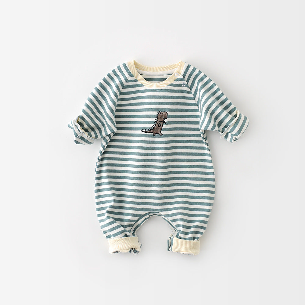Baby Dinosaur Embroidered Striped Jumpsuit for Boys & Girls – Cartoon Long Sleeve Infant Romper, Soft Cotton Newborn Outfit, Unisex Baby Clothes