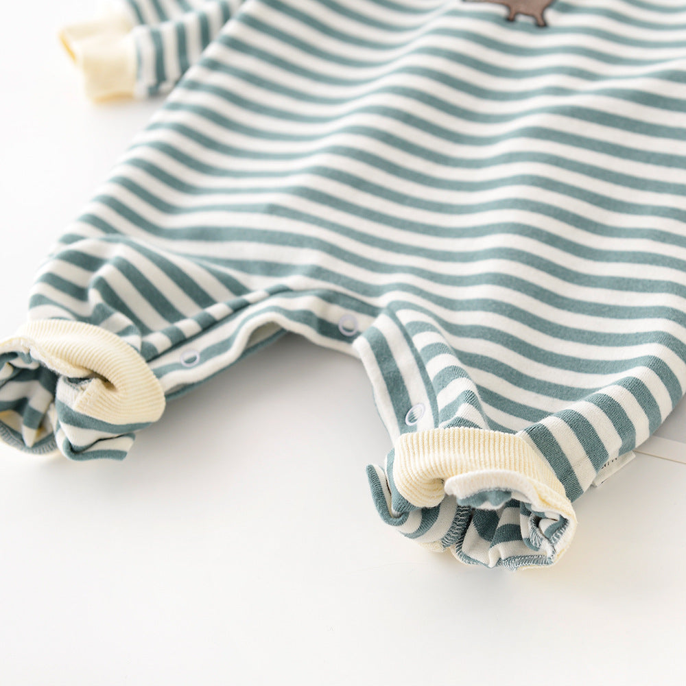 Baby Dinosaur Embroidered Striped Jumpsuit for Boys & Girls – Cartoon Long Sleeve Infant Romper, Soft Cotton Newborn Outfit, Unisex Baby Clothes