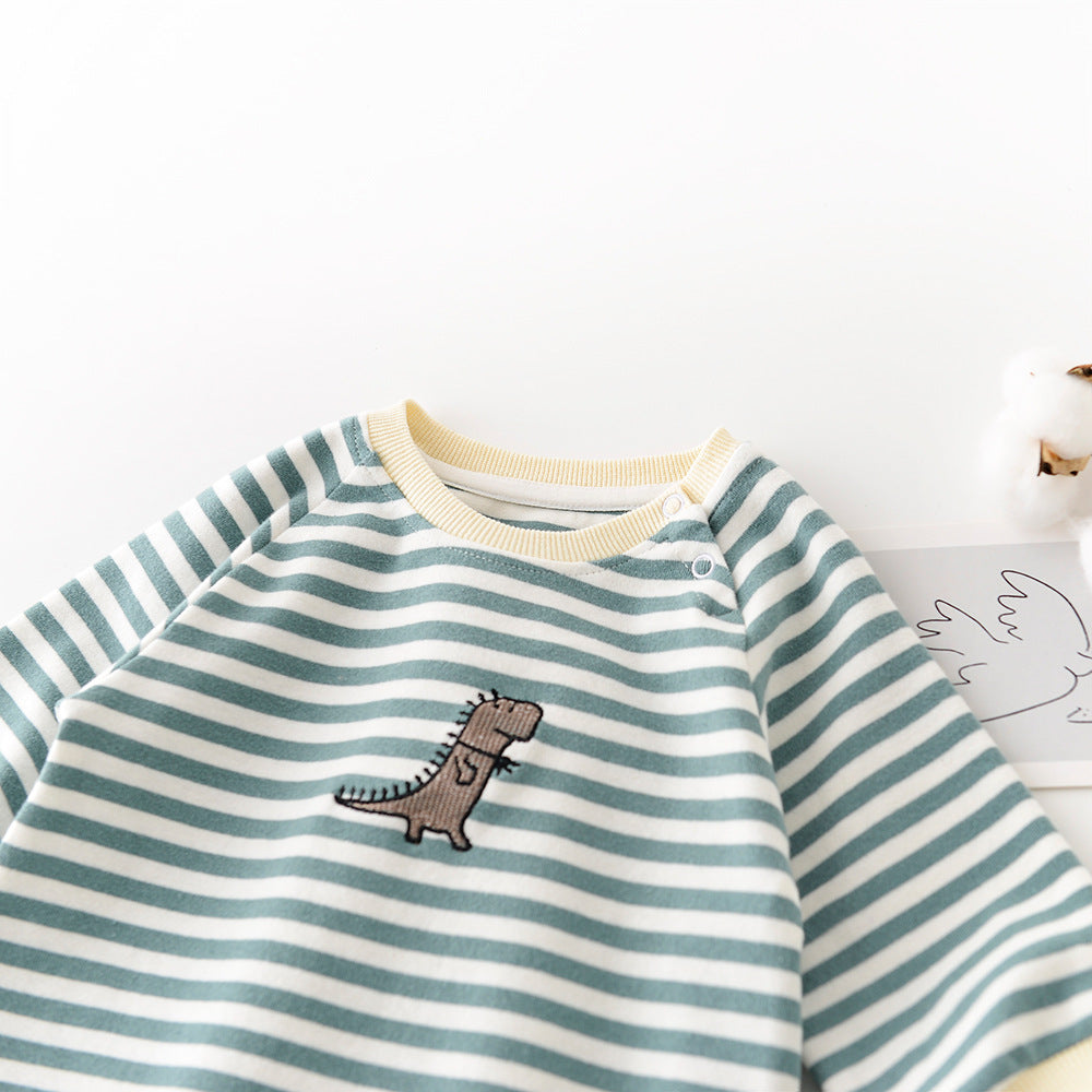 Baby Dinosaur Embroidered Striped Jumpsuit for Boys & Girls – Cartoon Long Sleeve Infant Romper, Soft Cotton Newborn Outfit, Unisex Baby Clothes