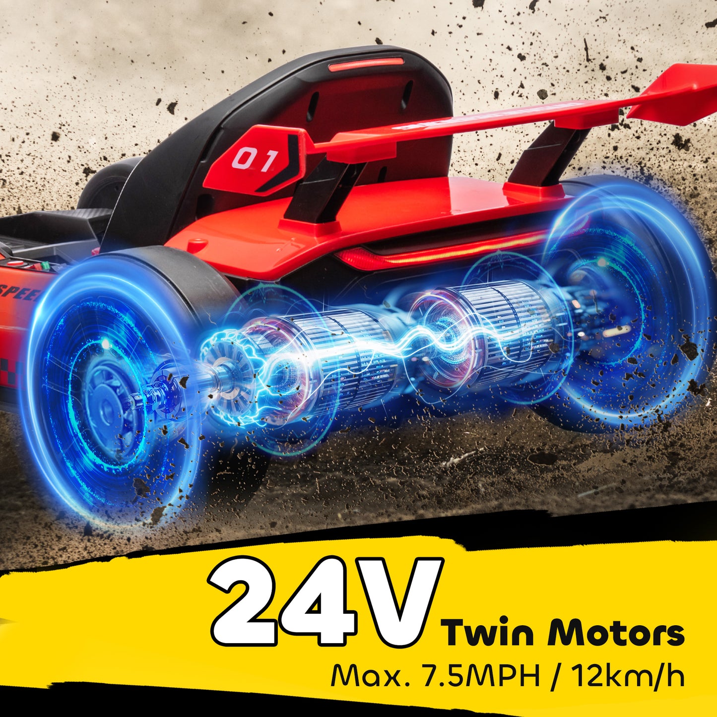 24V Electric Go Kart for Kids with 7.5 MPH Speed – Adjustable Seat, Slow Start Ride-On Car, High-Power Battery Go Cart (Red)
