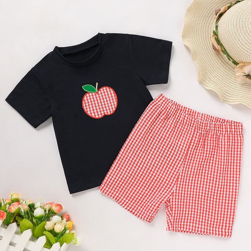 Toddler Baby Boy Back to School Outfit – Summer Applique T-Shirt & Red Gingham Shorts Set, Cute Kids 2-Piece Clothing Set