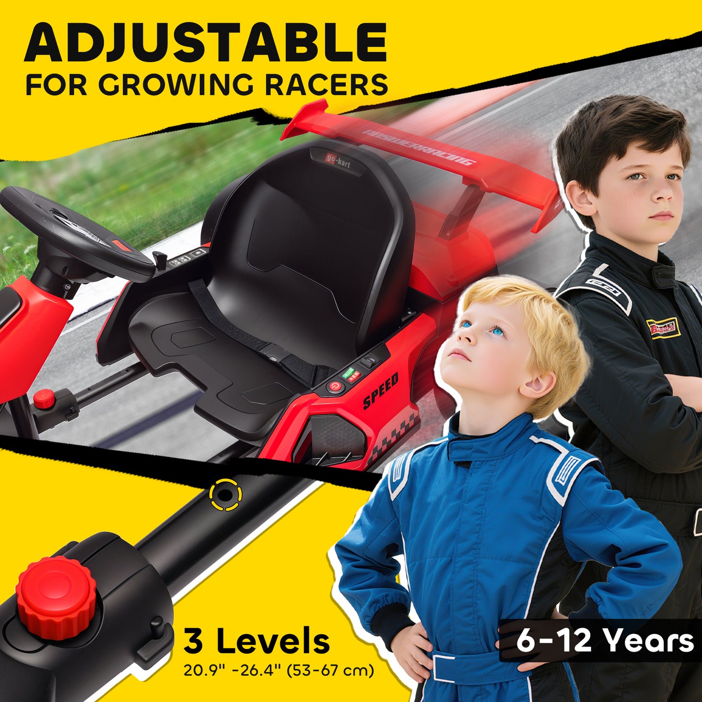 24V Electric Go Kart for Kids with 7.5 MPH Speed – Adjustable Seat, Slow Start Ride-On Car, High-Power Battery Go Cart (Red)