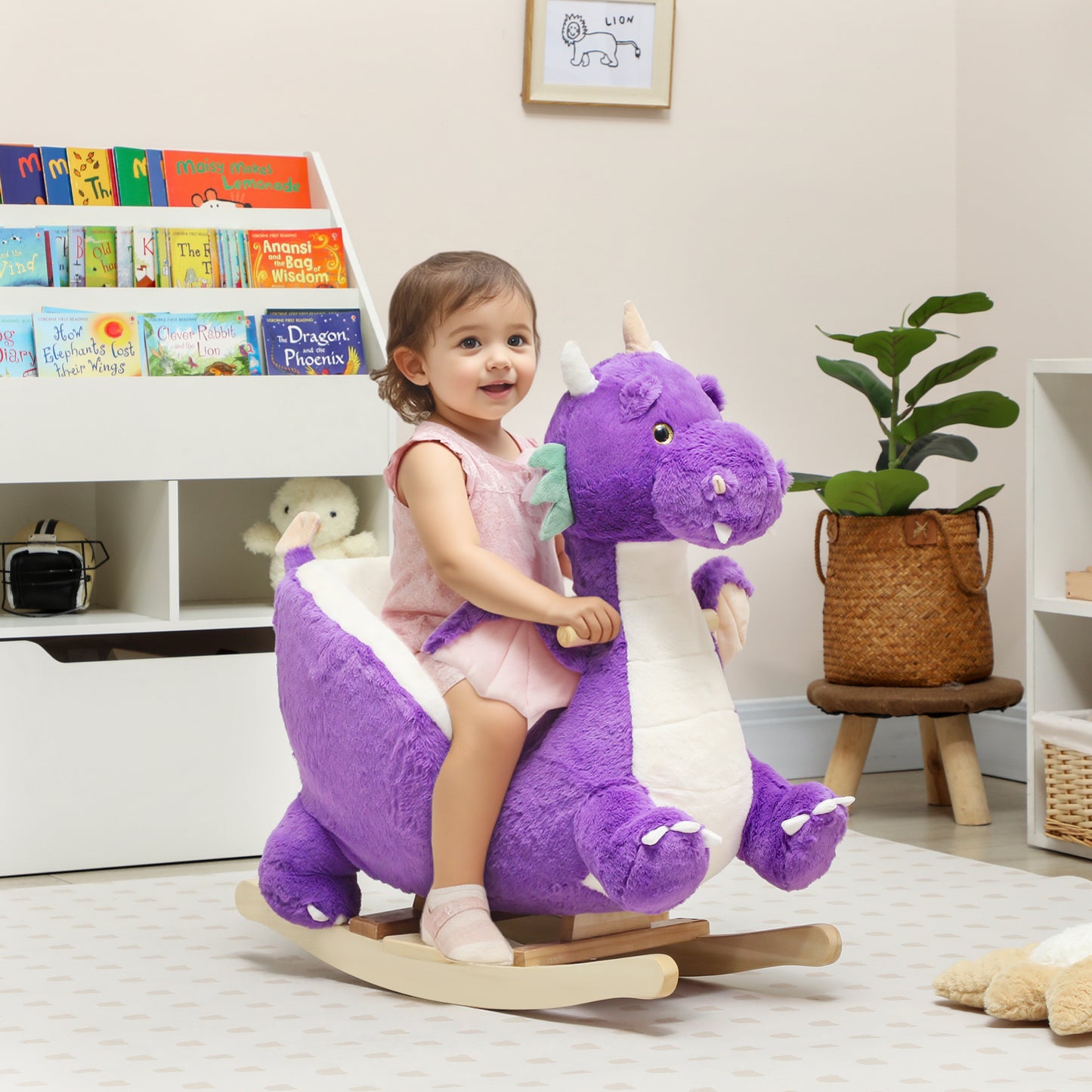 Baby Rocking Horse Ride-On Toy with Dragon Roar Sound – Safe Kids Rocker with Seat Belt, Plush Ride Toy for Toddlers 18–36 Months, Purple