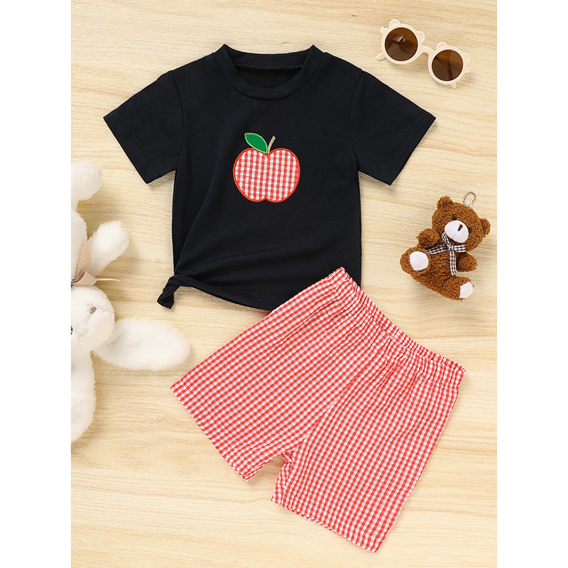 Toddler Baby Boy Back to School Outfit – Summer Applique T-Shirt & Red Gingham Shorts Set, Cute Kids 2-Piece Clothing Set