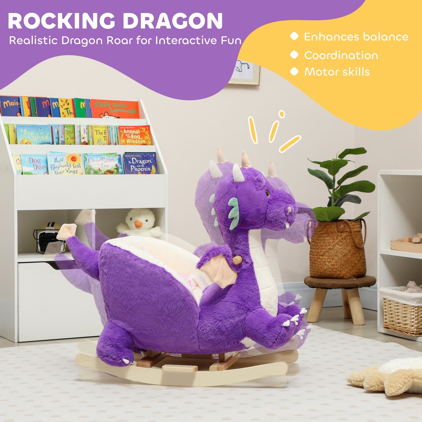 Baby Rocking Horse Ride-On Toy with Dragon Roar Sound – Safe Kids Rocker with Seat Belt, Plush Ride Toy for Toddlers 18–36 Months, Purple