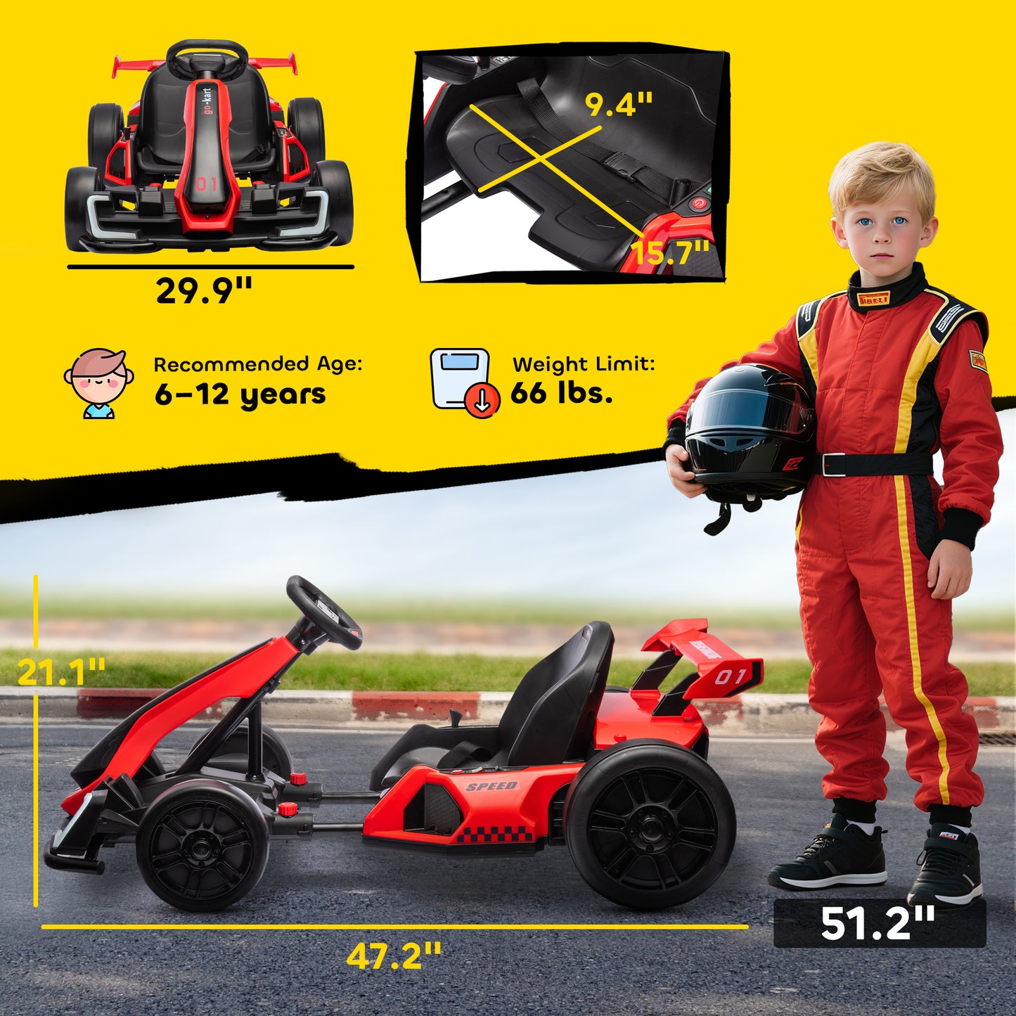 24V Electric Go Kart for Kids with 7.5 MPH Speed – Adjustable Seat, Slow Start Ride-On Car, High-Power Battery Go Cart (Red)