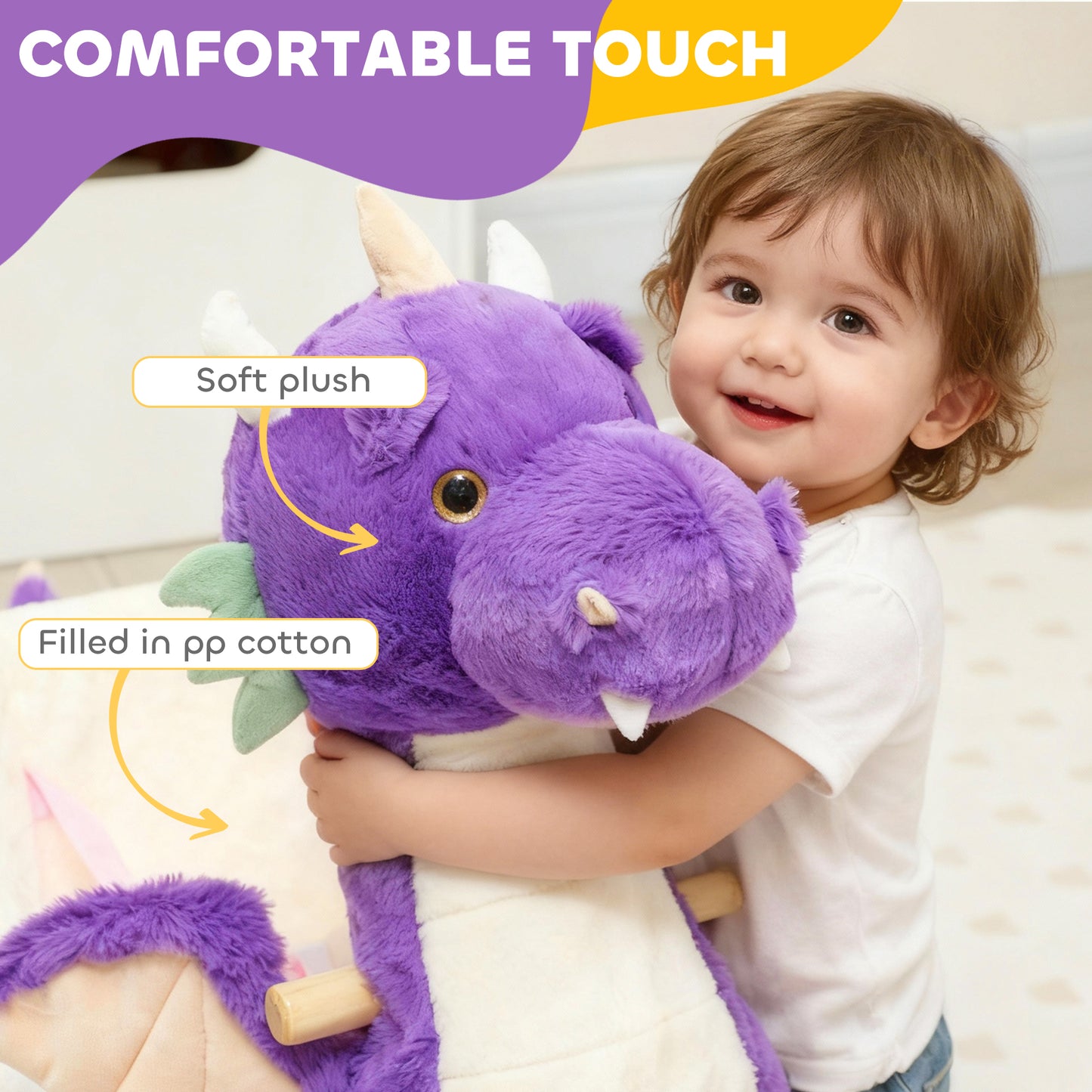 Baby Rocking Horse Ride-On Toy with Dragon Roar Sound – Safe Kids Rocker with Seat Belt, Plush Ride Toy for Toddlers 18–36 Months, Purple