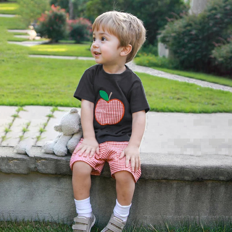 Toddler Baby Boy Back to School Outfit – Summer Applique T-Shirt & Red Gingham Shorts Set, Cute Kids 2-Piece Clothing Set