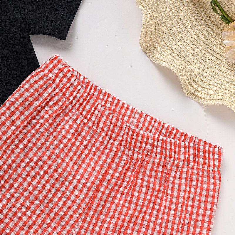 Toddler Baby Boy Back to School Outfit – Summer Applique T-Shirt & Red Gingham Shorts Set, Cute Kids 2-Piece Clothing Set