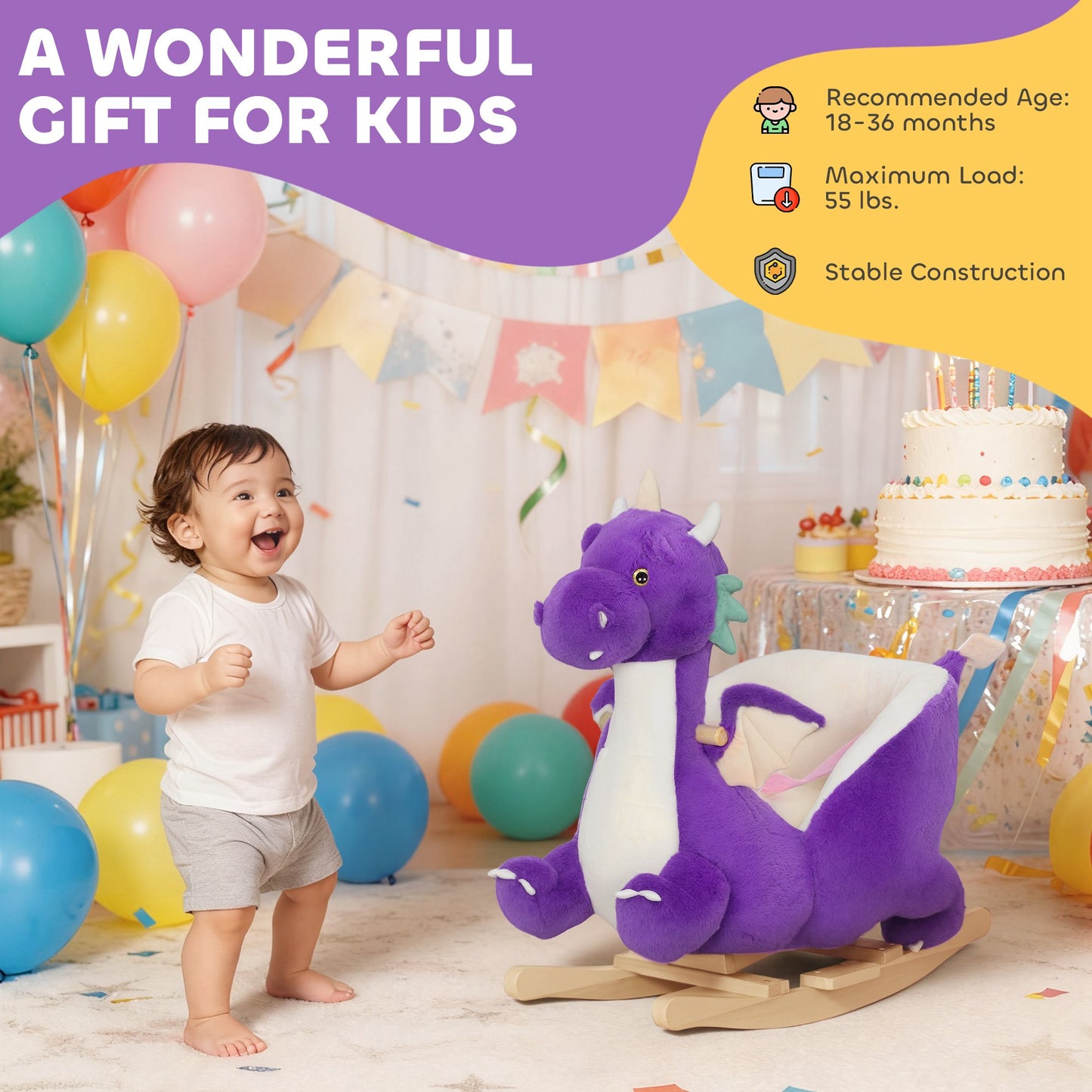 Baby Rocking Horse Ride-On Toy with Dragon Roar Sound – Safe Kids Rocker with Seat Belt, Plush Ride Toy for Toddlers 18–36 Months, Purple