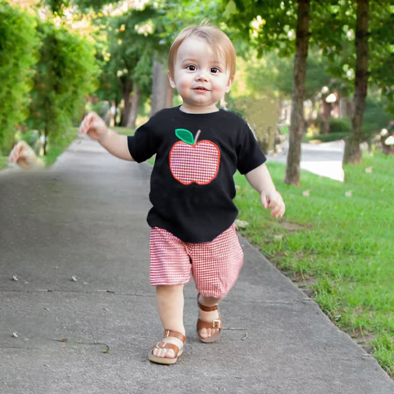 Toddler Baby Boy Back to School Outfit – Summer Applique T-Shirt & Red Gingham Shorts Set, Cute Kids 2-Piece Clothing Set