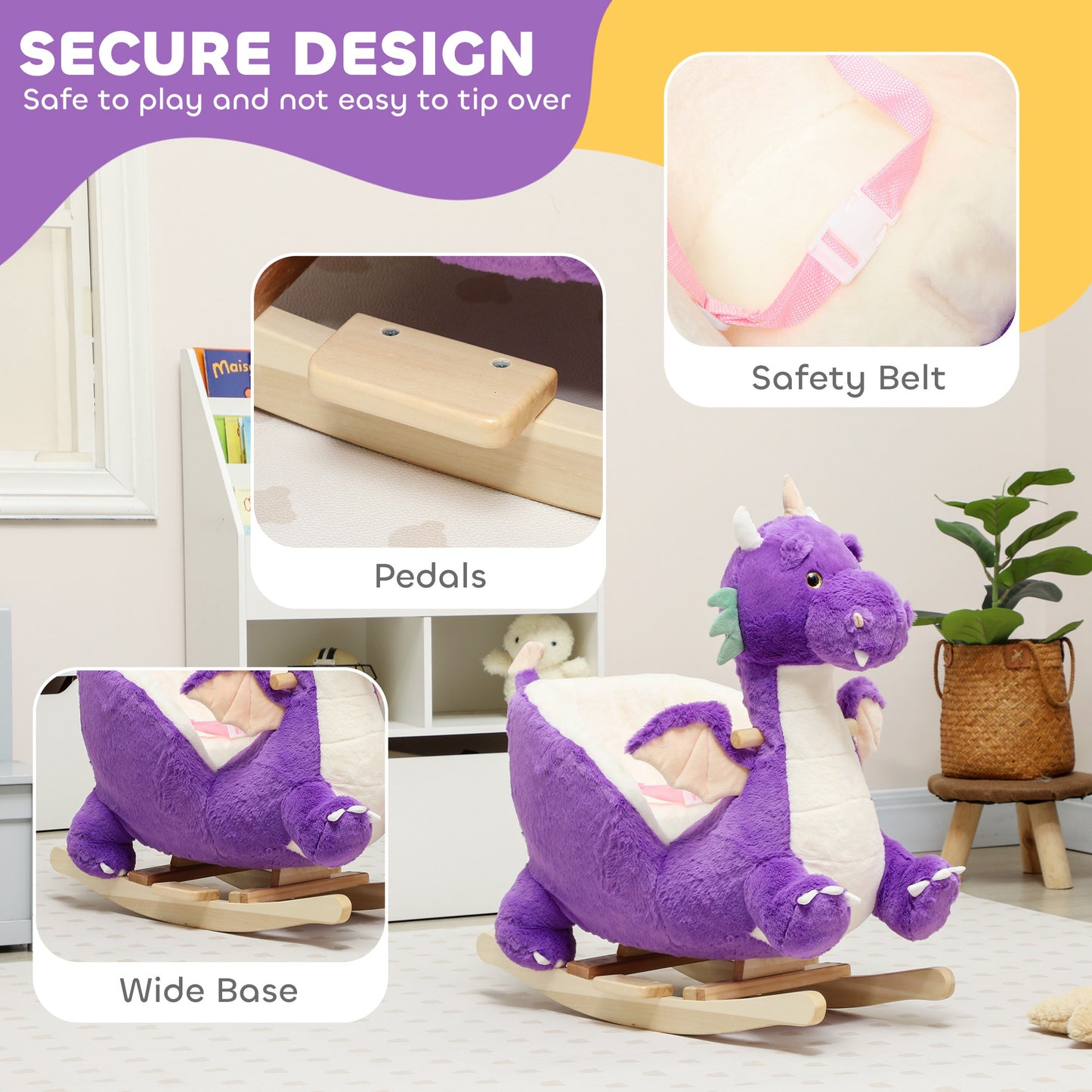 Baby Rocking Horse Ride-On Toy with Dragon Roar Sound – Safe Kids Rocker with Seat Belt, Plush Ride Toy for Toddlers 18–36 Months, Purple